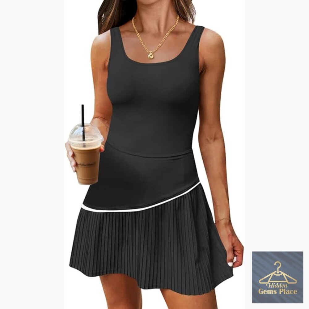 Sleeveless Tennis Dress with Built-in Shorts and Bra, Pleated Backless Athletic